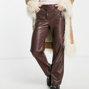 Topshop faux leather straight leg pant in brown